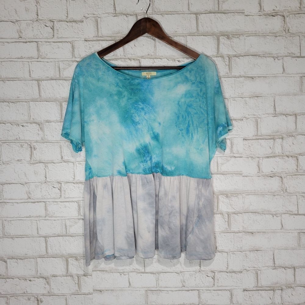 Kori Blue & Gray Tie-Dye Short Sleeve Peplum Top